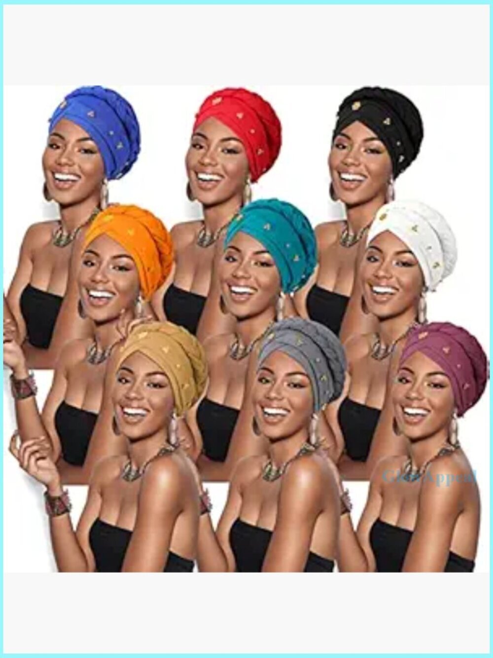 9 Pc Pre-Tied Turban Headwrap Set with Beads, Silky Fiber, 58cm Circumference